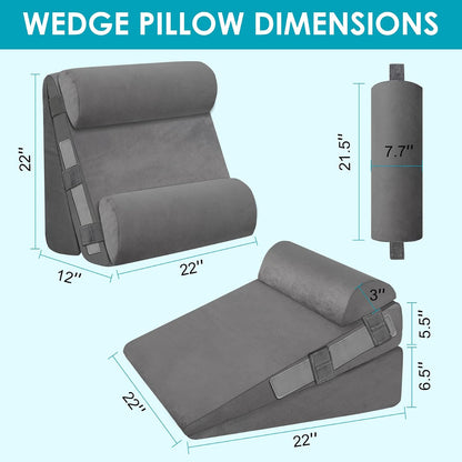 3Pcs Wedge Pillow Set for After Surgery,Acid Reflux Relief, Adjustable Bed Wedge Pillows for Sleeping,Anti Snore, Memory Foam Triangle Pillow for Back&Neck&Shoulder Pain Relief, White&Grey