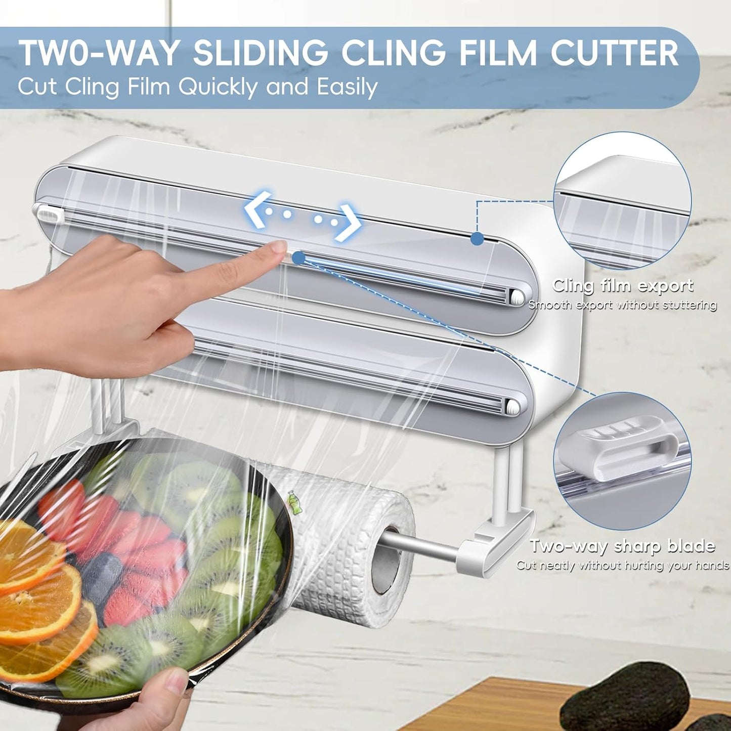 Magnetic Plastic Wrap Dispenser with Cutter,3 in 1 Aluminum Foil wrap Organizer,Upgrade Practical Refillable Cling Wrap Film Cutter，Wall Mount Kitchen Wrap Dispenser - Fits 12" Roll, White