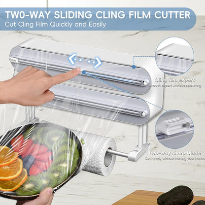 Magnetic Plastic Wrap Dispenser with Cutter,3 in 1 Aluminum Foil wrap Organizer,Upgrade Practical Refillable Cling Wrap Film Cutter，Wall Mount Kitchen Wrap Dispenser - Fits 12" Roll, White