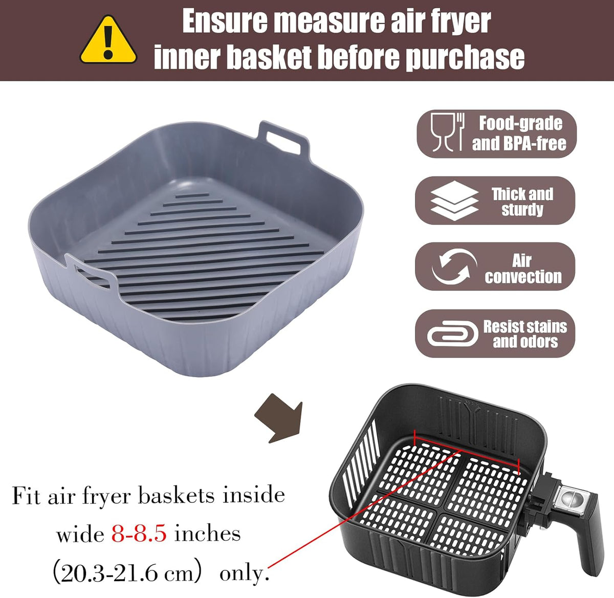Golden Associate Silicone Liners Square for 8 to 8.5 inch Air Fryer, 2 Pcs Non-stick Food-grade Reusable Basket Baking Tray Airfryer Accessories