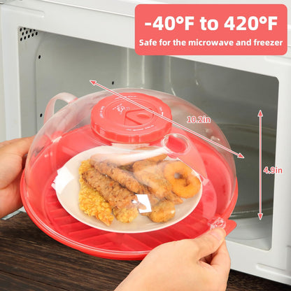 Microwave Splatter Cover Lid for Food 10.2 Inch with Water Steamer, Clear Microwave Splash Guard Cooker Lid with Plate, Dish Bowl Plate Serving Cover Cookware High Transparent Plastic Black