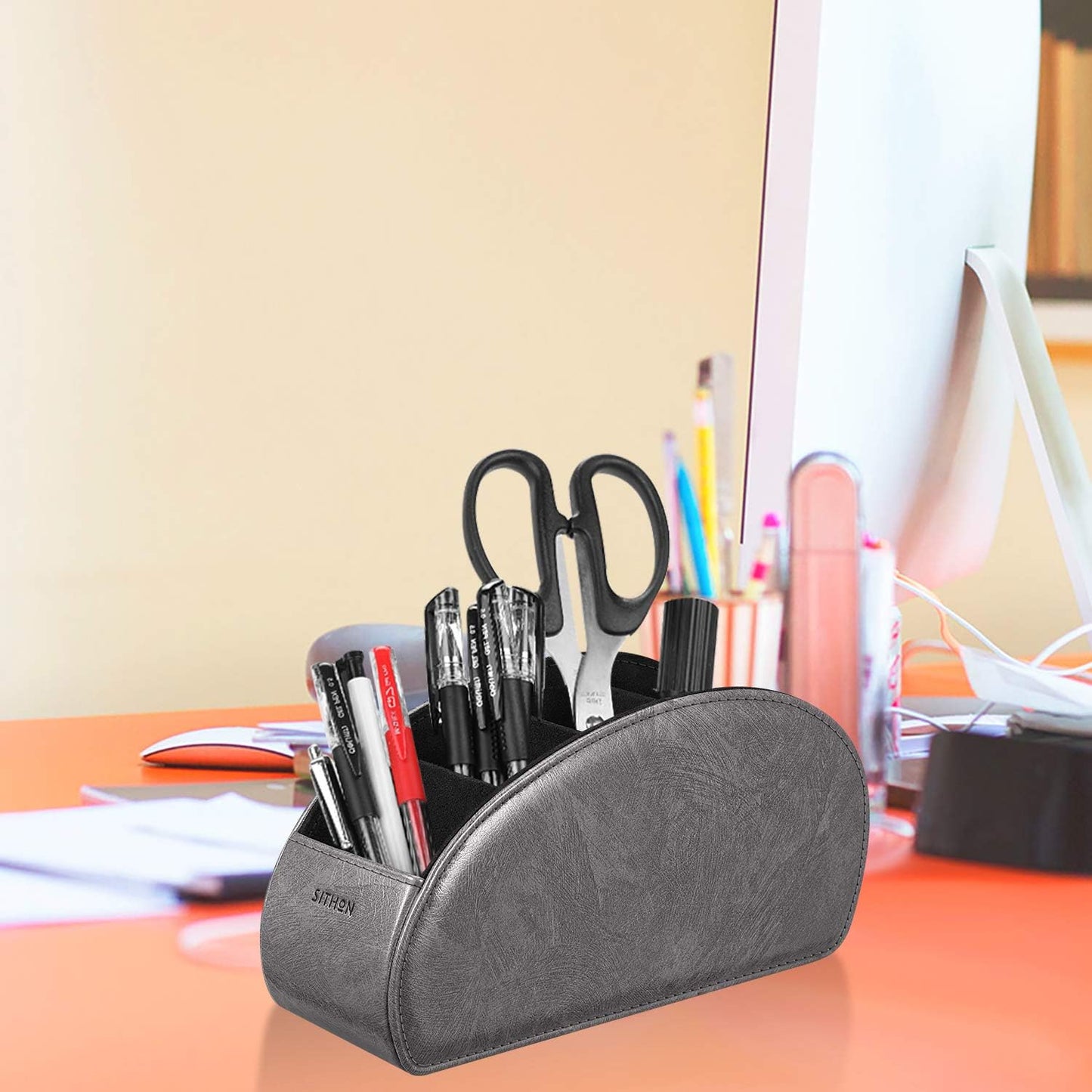 SITHON Remote Control Holder with 5 Compartments | PU Leather Remote Caddy Desktop Organizer Store TV, DVD, Blu-Ray, Media Player, Heater Controllers, Stripe Black