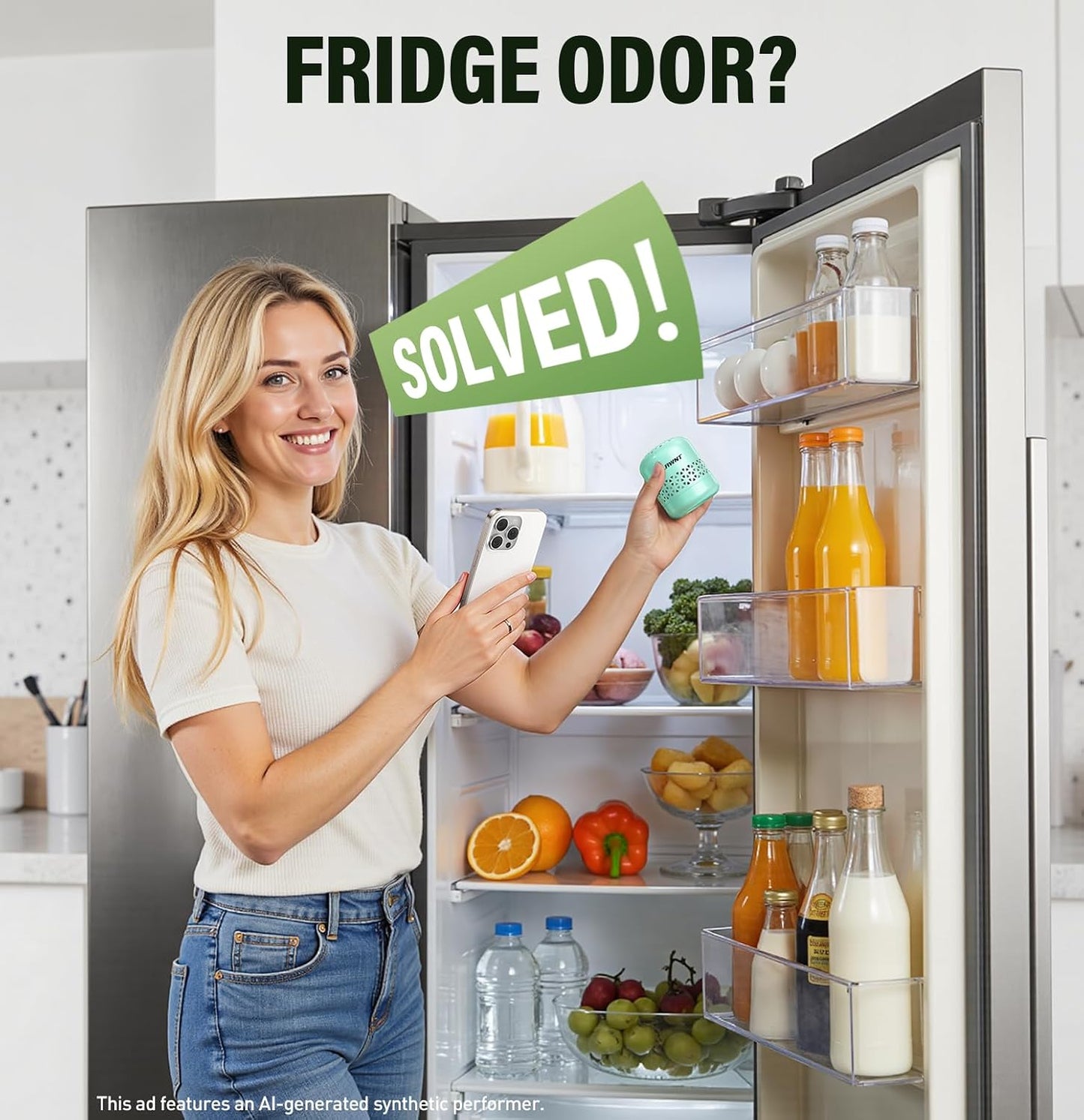 Fridge Deodorizer, Lasts Up to 10 Years, Stainless Steel, Gray | Unbox and place in fridge; refrigerator deodorizer, fridge odor eliminator, no refills, baking soda fridge alternative