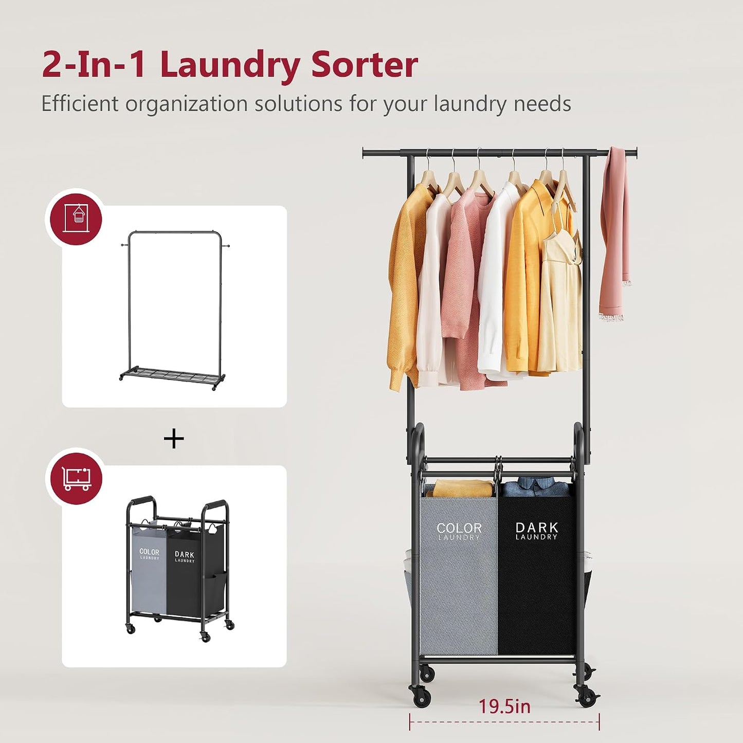 Laundry Cart with Hanging Rack, 65 Gal. Large Laundry Hamper, Beige | Rolling Laundry Cart with Hanging Bar with Removable Bag and Lockable Wheels, Separator Hamper Cart for Bedroom, Bathroom