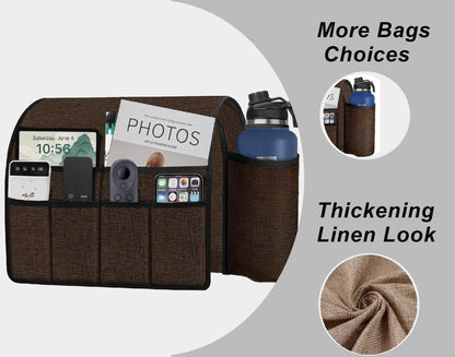 Ntomtuex Sofa Armchair Caddy Remote Control Holder with Water Bottle for Couch Recliner, Armrest Organizer with 7-Pocket Design for Magazines, Eyeglasses, iPad, Phone, Dark Grey