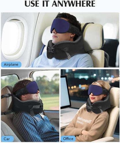 YFONG Travel Pillow with Head Support & Sleep Mask for Long Flights, Black | Patented 360° Support System, Prevents Bobbing, Airplane Head Strap, 3D Eye Mask, Memory Foam Neck Pillow, Travel Essential