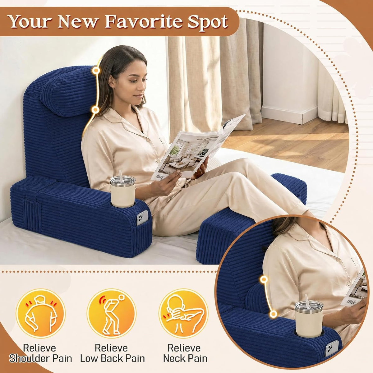Reading Pillow/Backrest Pillow with Arms, Cup Holder & Phone Pocket