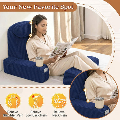 Reading Pillow/Backrest Pillow with Arms, Cup Holder & Phone Pocket