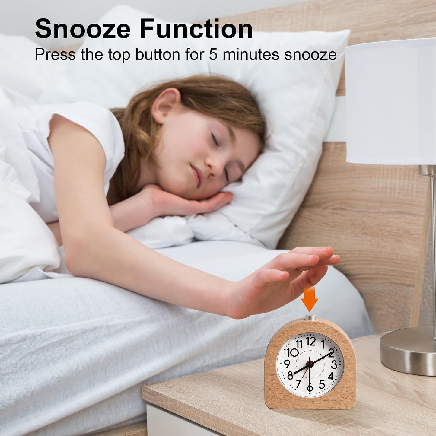 Lafocuse Silent Bedside Alarm Clock, Wood Frame Analog Alarm Clock with Snooze, Nightlight Function, Desk Table Clocks for Bedroom Home Kitchen