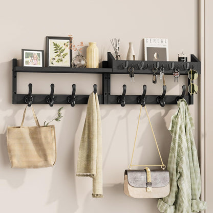 Evermagin 29" Coat Rack Wall Mount with Shelf & 11 Hooks, Entryway, Black | Wooden Wall Mounted Coat and Key Rack with Hooks, Key Hanger with Mail Holder for Living Room, Mudroom, Bedroom