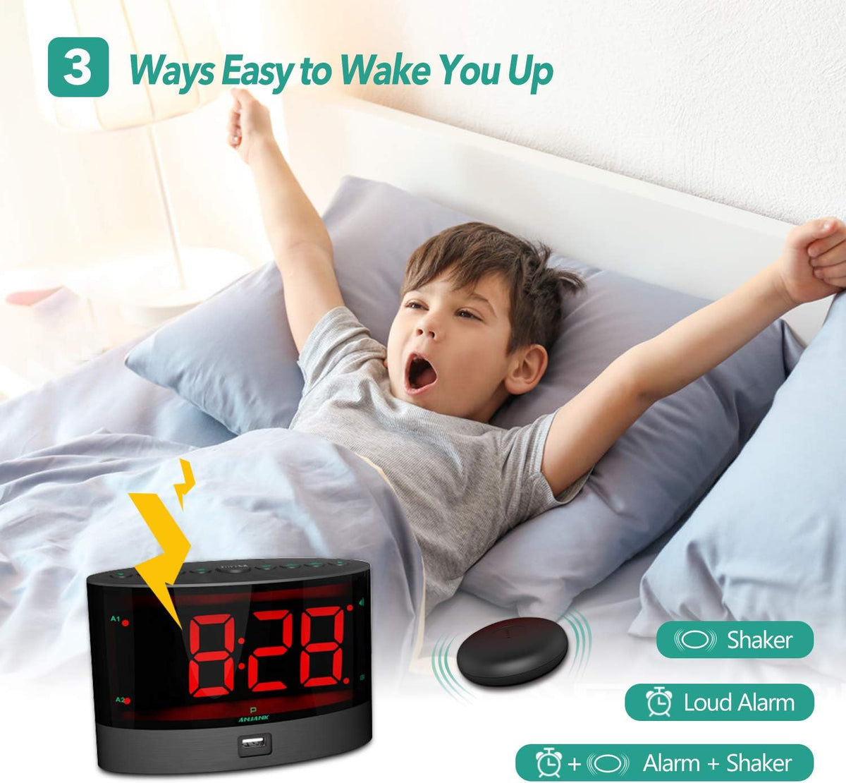 ANJANK Extra Loud Alarm Clock for Heavy Sleepers, Wireless Bed Shaker, Vibrating Dual Alarm, Deaf and Hearing-impaired, Adjustable Volume/Dimmer/Wake up Mode, USB Charger Port