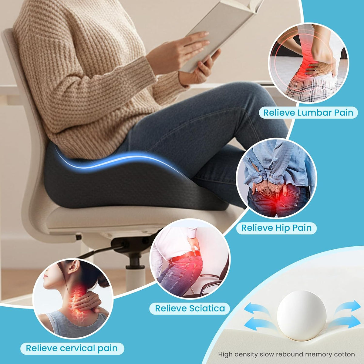 Seat Cushion,Ergonomic Chair Cushions for Sit Bone Tailbone Pain Relief,Sciatica & Back Support,Memory Foam Butt Pillow for Office,Car,Home,Gaming,Wheelchair