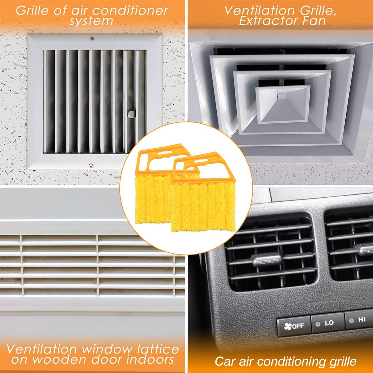 3PCS 6.3 Inch 7-Finger Microfiber Vent Cleaning Brushes, Orange | PP handles, detachable washable cloths, reusable design, reaches narrow grille gaps, automotive cleaning tools