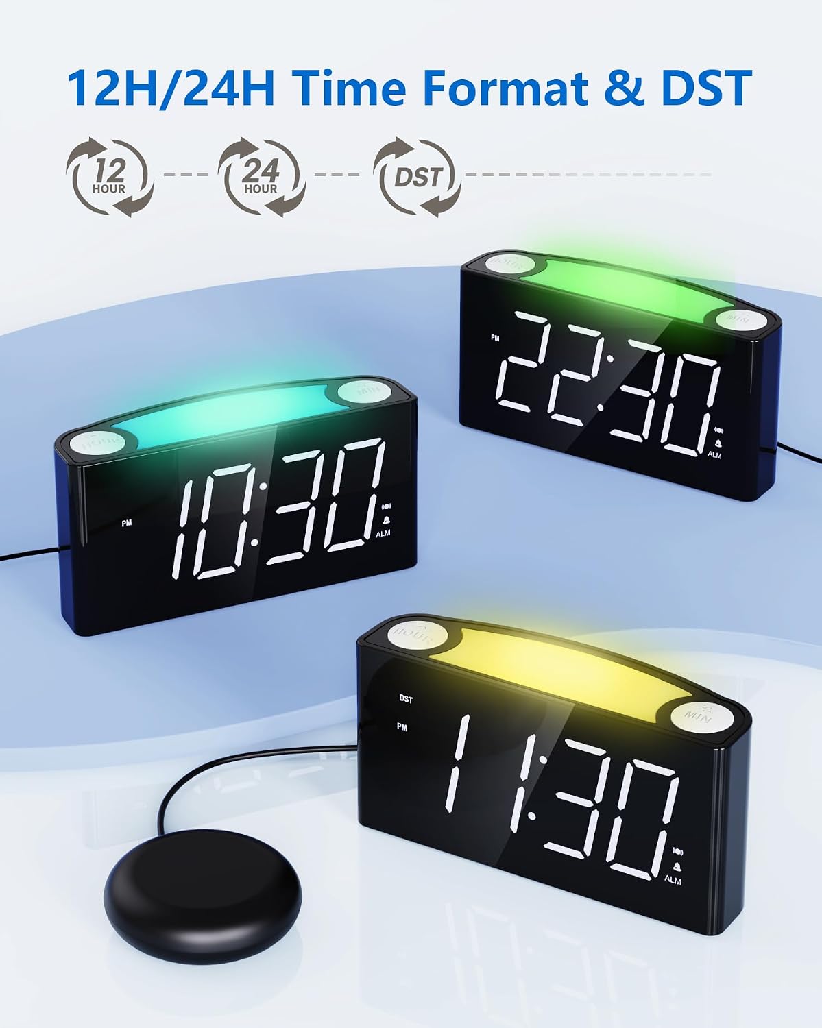 Vibrating Alarm Clock with Bed Shaker for Heavy Sleepers, Beside Clock with Night Light for Bedrooms, 2 USB Chargers,Large LED Display with Dimmer,Snooze 12/24H DST, Battery Backup | Powerful bed shaker with 3 wake modes, large dimmable LED display,