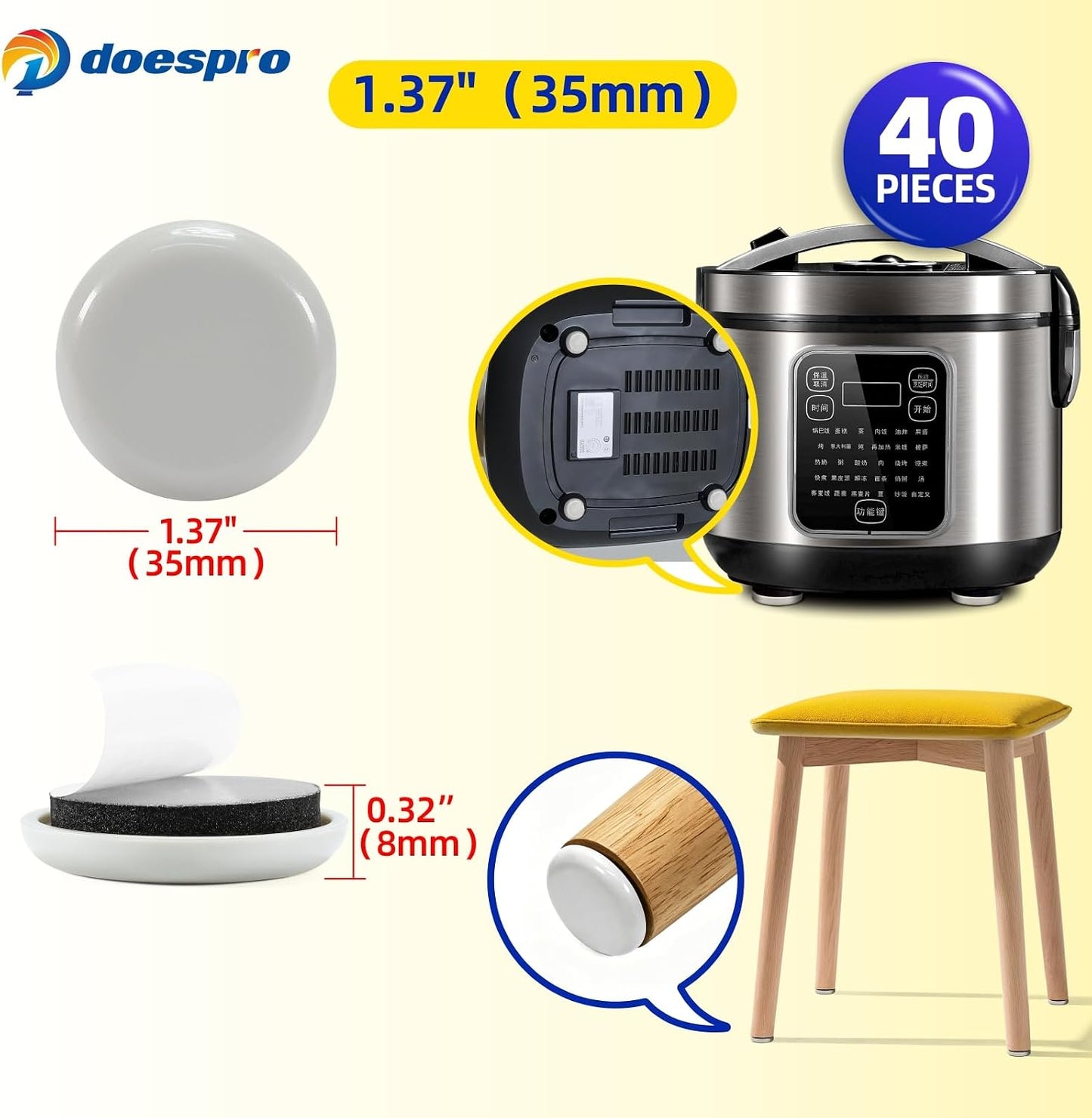 40PCS 1.4" Furniture Sliders for Hardwood Floors & Carpet, Self-Stick | PE Round Furniture Pads & Chair Glides for Hardwood Floors, Floor Protectors for Moving Furniture & Kitchen Appliances Easily
