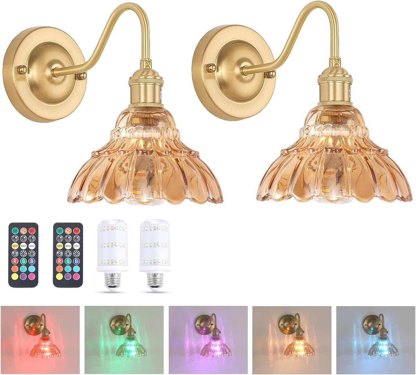 Shenmoyl Battery Operated Wall Sconce Wall Lamp with Green Lily of the Valley Shade Pattern Glass Adjustable Chain Retro Gold Wall Mounted Light, Modern Wall Lamp Fixtures Decor for Bedside Bedroom