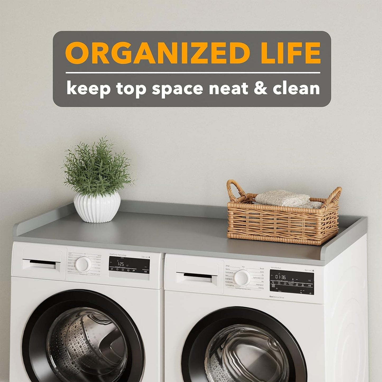 SpaceAid Washer Dryer Countertop, Laundry Wood Shelf Topper with Edge, 54" Width x 27.5" Depth Cover Guard Organizer for Washer and Dryer Laundry Hamper Counter Storage Organization (Black)