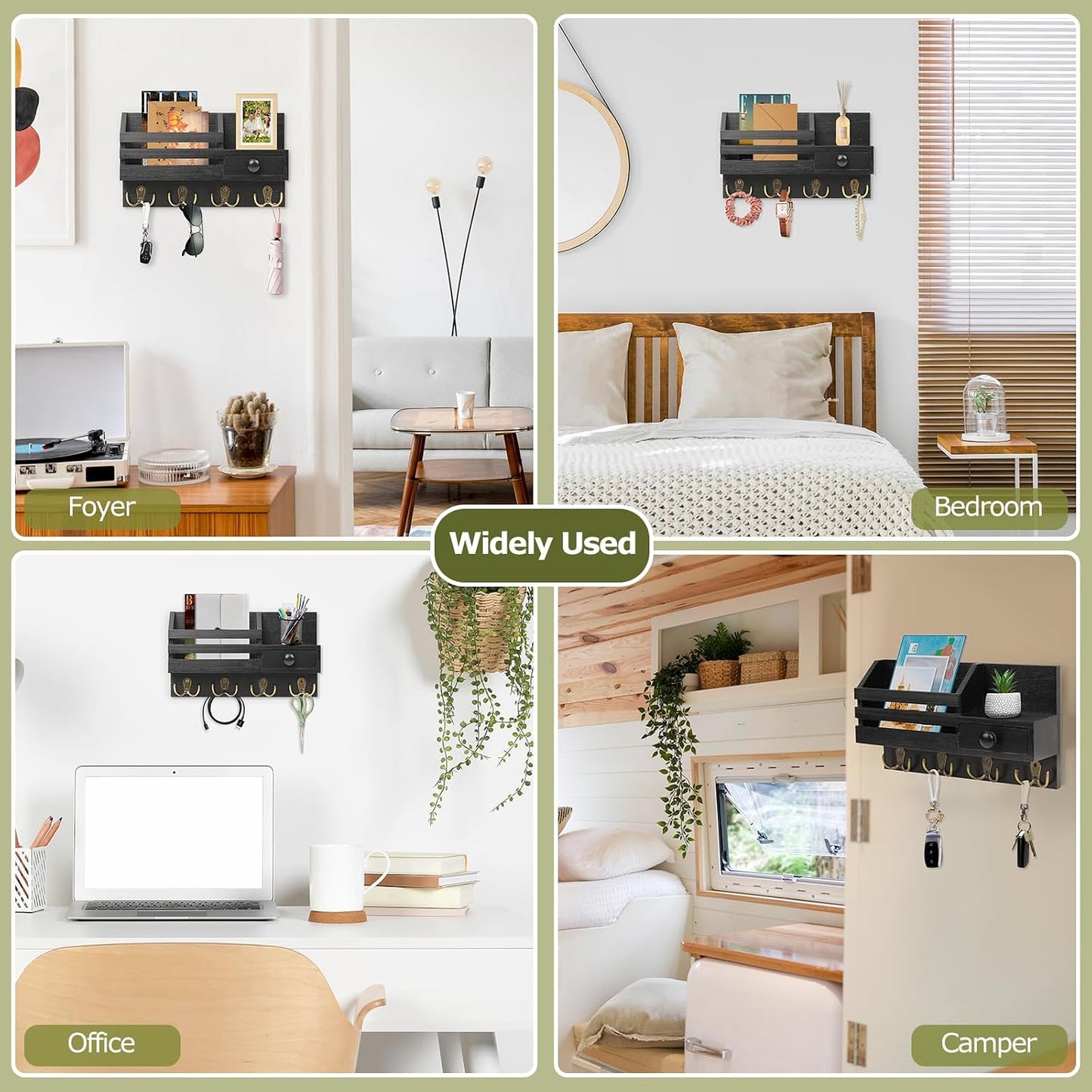 Key Holder Wall Mount, Wooden Key and Mail Organizer, Black | 2 Mount Options, Includes 8 Hooks, Fence Mail Slot, Small Drawer and Shelf, for Entryway, Hallway, Doorway, Living Room, RV
