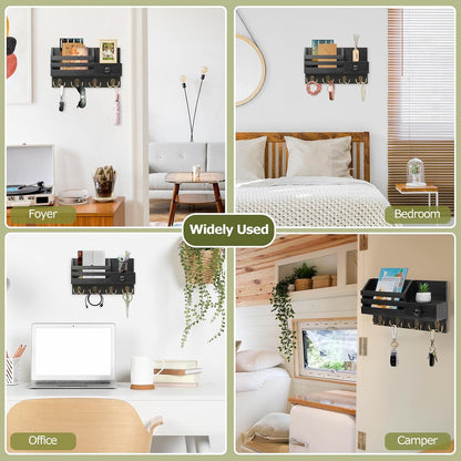Key Holder Wall Mount, Wooden Key and Mail Organizer, Black | 2 Mount Options, Includes 8 Hooks, Fence Mail Slot, Small Drawer and Shelf, for Entryway, Hallway, Doorway, Living Room, RV