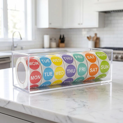 Day of the Week Sticker Labels, 1" Round, 7 Rolls, 500 per Roll | Color-Coded Dot, Removable Self Adhesive, For Food Containers