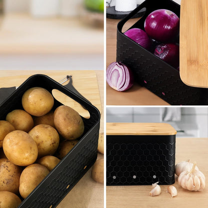 Kitchen Vegetable Storage Set of 3, Metal Onion Garlic Potato Storage Set, Kitchen Canisters Vegetable Keeper Containers with Aerating Holes and Bamboo Lid,Black
