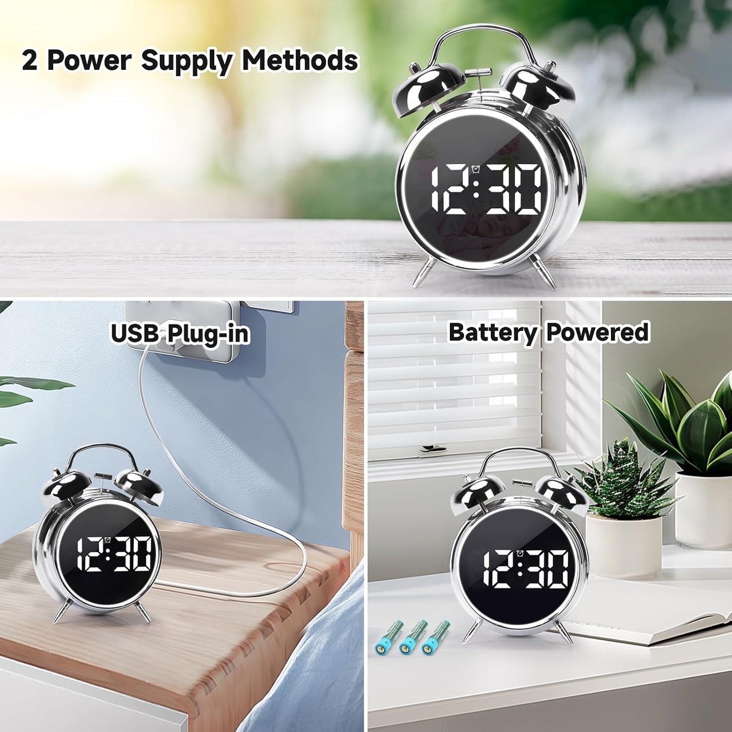 Digital Small Alarm Clock, 4.5 Inch Double Bell Electronic LED Alarm Clock, Plug in or Battery Operated Silent Metal Table Clock, Modern Loud Bedside Clock for Heavy Sleepers Adults Kids (Black)