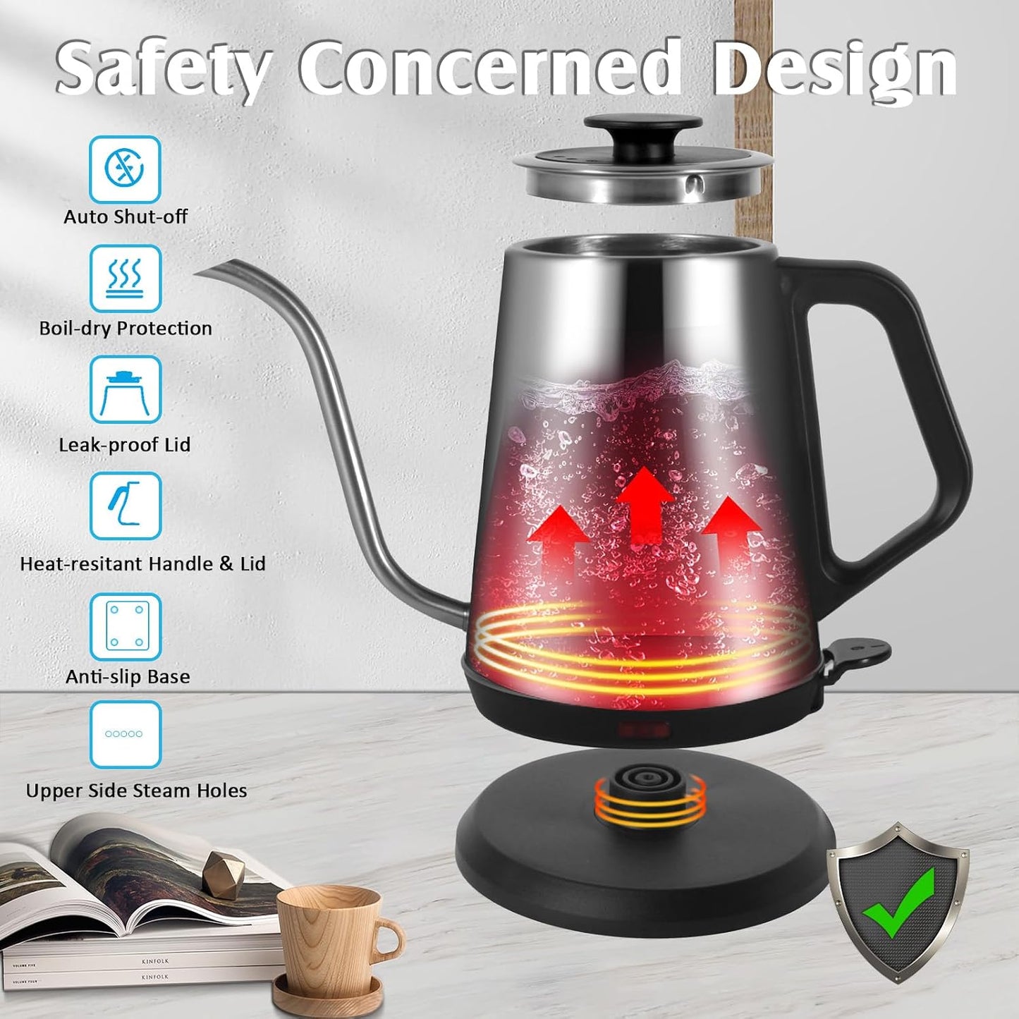 Gooseneck Electric Kettle,Ulcreigo Electric Kettle Temperature Control Tea Kettles for Boiling Water with 5 Variable Presets,Hot Water Boiler Heater for Coffee,304 Stainless Steel Black Color