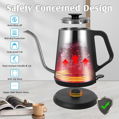 Gooseneck Electric Kettle,Ulcreigo Electric Kettle Temperature Control Tea Kettles for Boiling Water with 5 Variable Presets,Hot Water Boiler Heater for Coffee,304 Stainless Steel Black Color