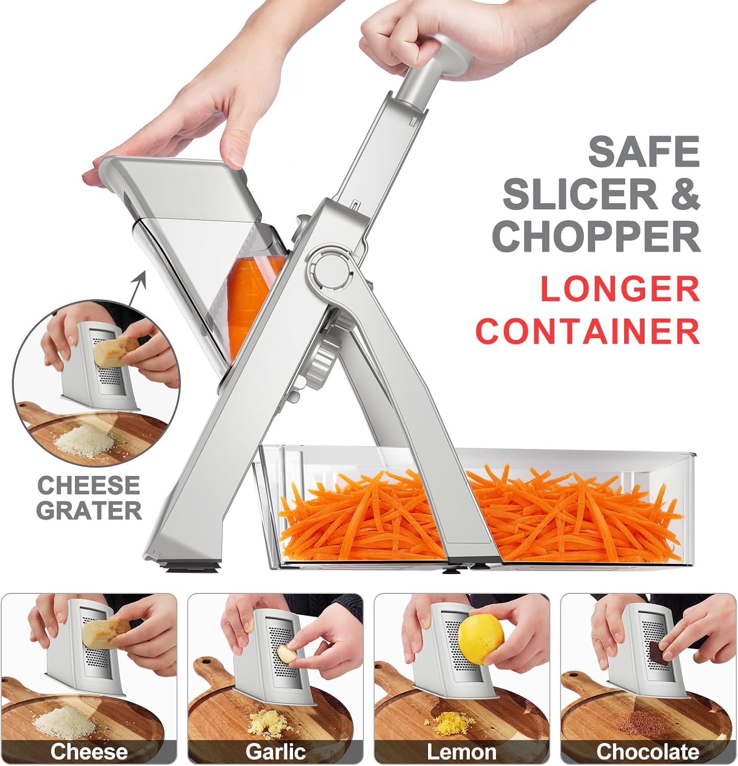 QYKIC Safe Mandoline Slicer for Kitchen, Adjustable Potato Slicer Pro | 0.1-8mm Vegetable Chopper Fry Cutter Julienne Dicer Large Chute Stainless Steel Blades Detachable Dishwasher Safe Gifts
