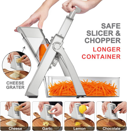 QYKIC Safe Mandoline Slicer for Kitchen, Adjustable Potato Slicer Pro | 0.1-8mm Vegetable Chopper Fry Cutter Julienne Dicer Large Chute Stainless Steel Blades Detachable Dishwasher Safe Gifts