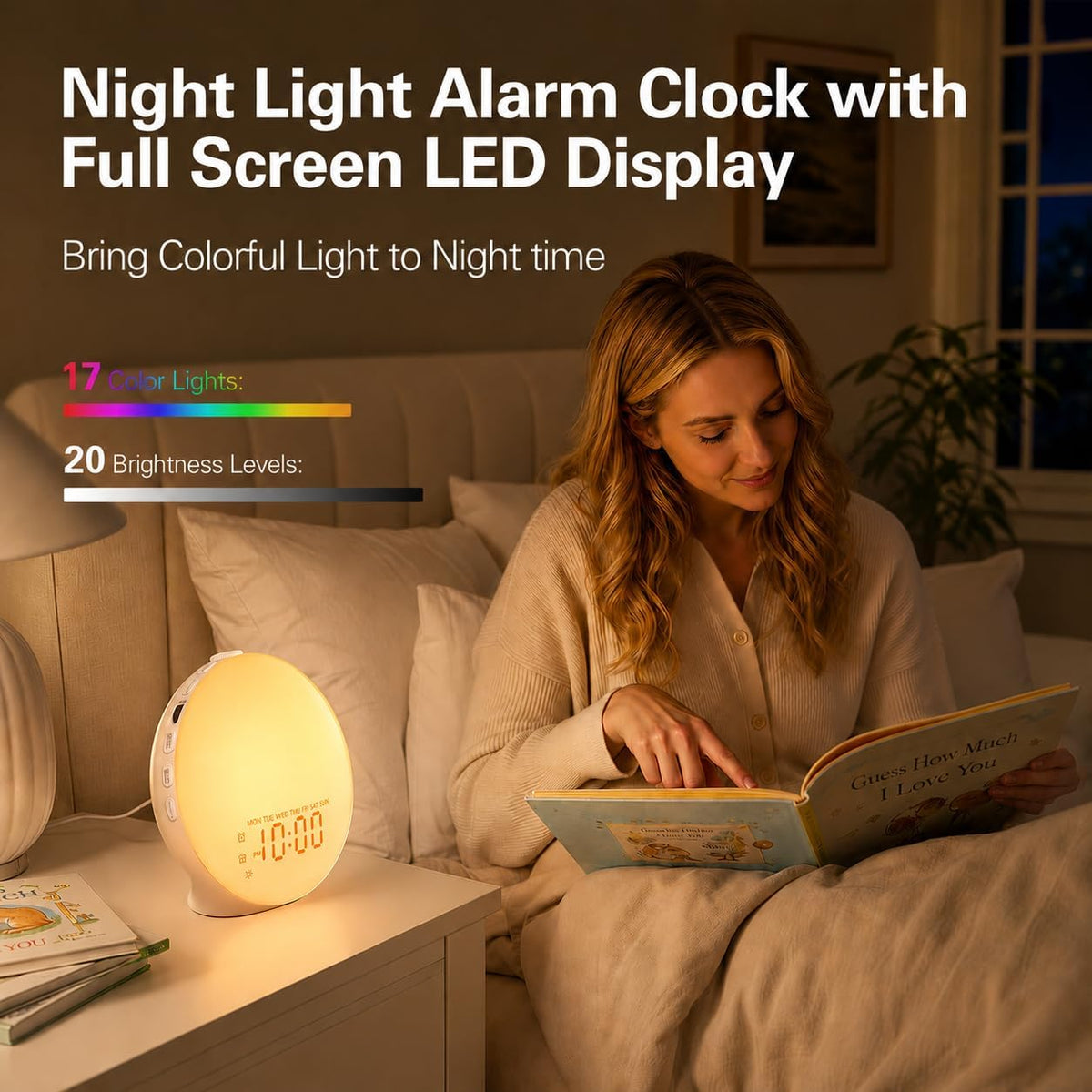 JALL Full Screen Dimmer Sunrise Alarm Clocks for Bedrooms, Wake Up Light with FM Radio, 25 White Noise Sleep Sounds, Bluetooth Speaker, Dual Alarms Bedside Clock for Heavy Sleepers