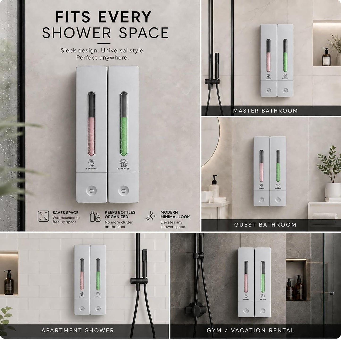 Shampoo and Conditioner Dispenser - Wall-Mounted 3-Chamber Shower Soap Dispenser, No-Drill, 1200ML Capacity, for Bathroom & Hotel