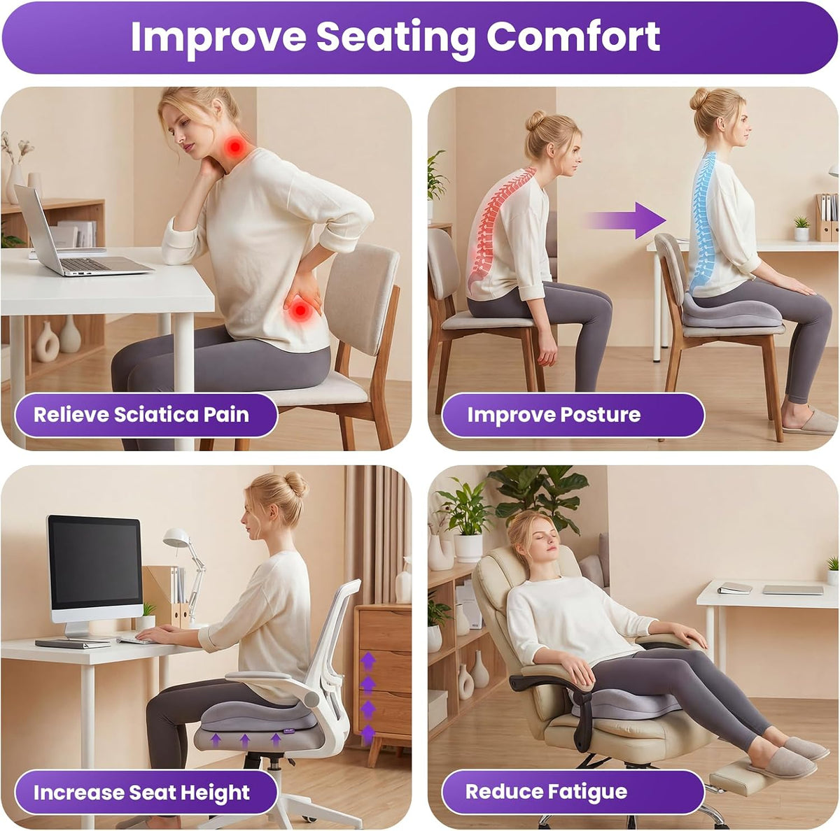 ZZ-WELL Seat Cushions for Office Chairs, Coccyx Cushion for Tailbone Pain, Memory Foam Butt Pillows for Computer Gaming Chair, Patented Pressure Relief Design Chair Cushion (Light Grey, XX-Large)