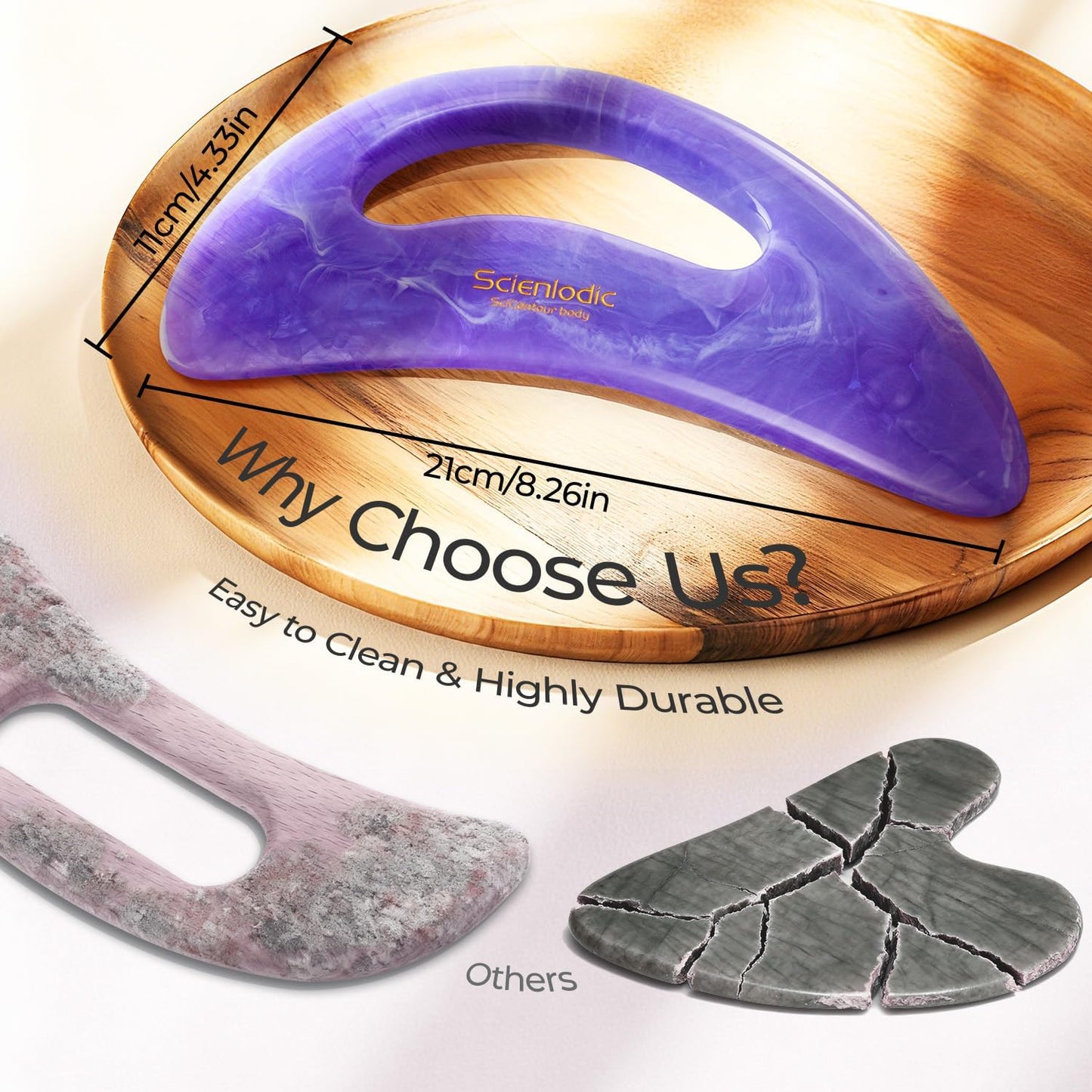Scienlodic Gua Sha Massage Tool with Handle (Resin) Larger Guasha Scraping Tool for Back Neck Face Leg Massage, Lymphatic Drainage, Cellulite Remove - Large