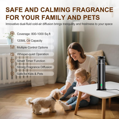 Waterless Scent Diffuser Starter Kit – 1000 Sq Ft Coverage, Suitable for Home & Hotel Series Diffuser, Includes 5 Scent Oils, Remote Control, Large Room Essential Oil Diffuser, Ultra Black