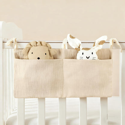Baby Bedside Hanging Storage Bag Muslin Cotton Teddy Bear, Crib Diaper Caddy Organizer 2 Pockets, Nappy-Dormitory Nursery Organization Holder for Cribs, Playard or Wall Milk Bottle Bib Organizing