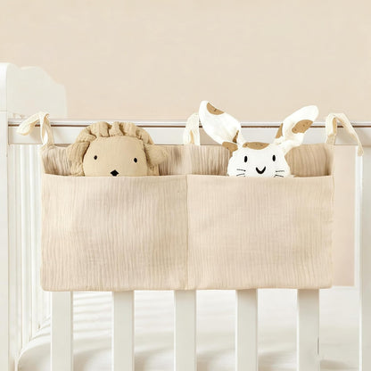 Baby Bedside Hanging Storage Bag Muslin Cotton Teddy Bear, Crib Diaper Caddy Organizer 2 Pockets, Nappy-Dormitory Nursery Organization Holder for Cribs, Playard or Wall Milk Bottle Bib Organizing