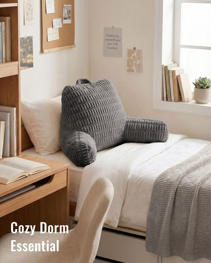 Blissful Diary Reading Pillow, Backrest Pillow with Shredded Memory Foam for Adult & Children, Designed for Bed and Couch Sitting Up, Includes Arms, Pockets and Washable Cover, Off White