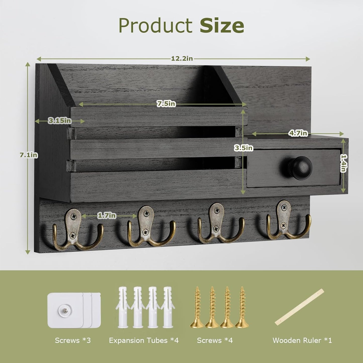 Key Holder Wall Mount, Wooden Key and Mail Organizer, Black | 2 Mount Options, Includes 8 Hooks, Fence Mail Slot, Small Drawer and Shelf, for Entryway, Hallway, Doorway, Living Room, RV