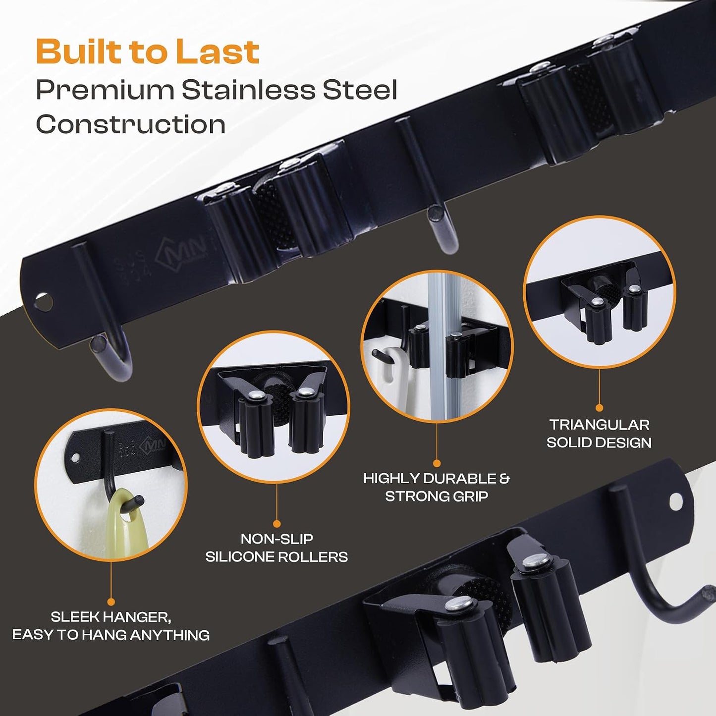 Stainless Steel Broom Holder Wall Mount, 3 Racks & 4 Hooks | Waterproof organizer for mops, brooms, tools and garden equipment, adjustable wall storage, black