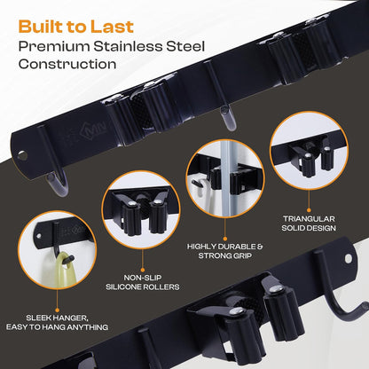 Stainless Steel Broom Holder Wall Mount, 3 Racks & 4 Hooks | Waterproof organizer for mops, brooms, tools and garden equipment, adjustable wall storage, black