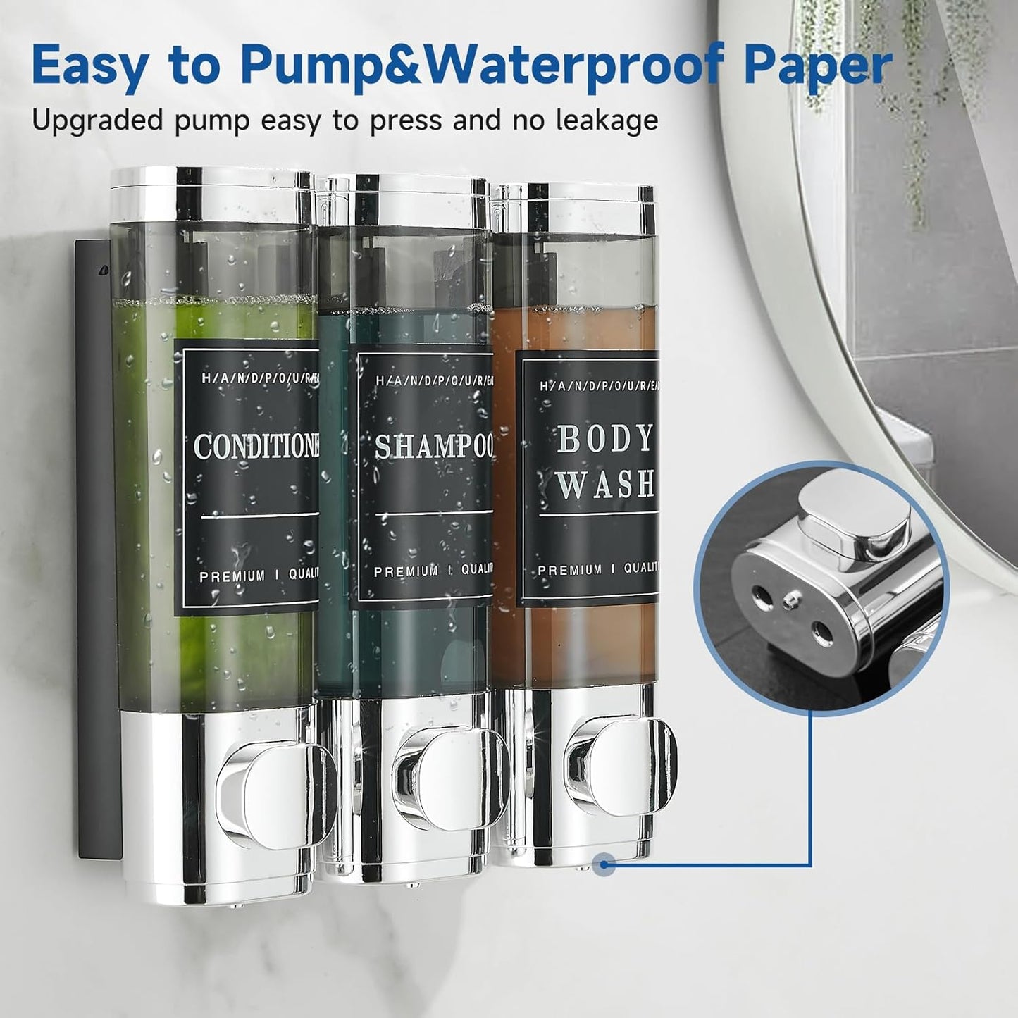 Shampoo and Conditioner Dispenser,Shower Soap Dispenser 3 Chamber No Drill Wall-Mounted Shampoo Dispenser for Shower Wall Mounted Shower Dispenser for Bathroom Hotel Large Capacity, Clear Bright
