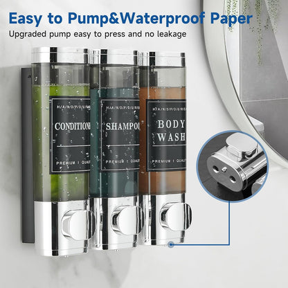 Shampoo and Conditioner Dispenser,Shower Soap Dispenser 3 Chamber No Drill Wall-Mounted Shampoo Dispenser for Shower Wall Mounted Shower Dispenser for Bathroom Hotel Large Capacity, Clear Bright
