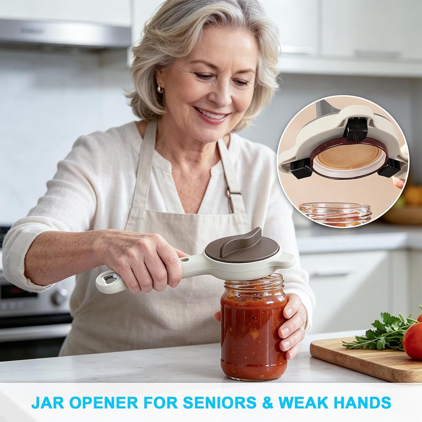 Jar Opener for Seniors& Weak Hands, 4-in-1 Non-Slip Bottle Opener | For weak hands & arthritis. Opens jars, twist-off caps, beer bottles & sauce pouches. Ergonomic, compact kitchen helper.
