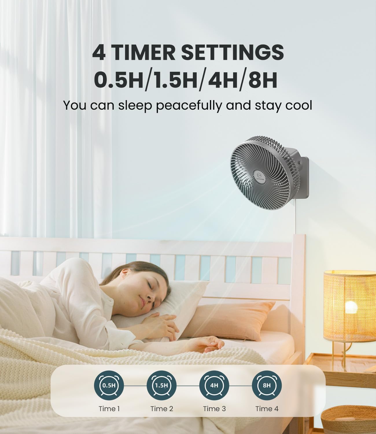 LEMOISTAR 8 Inch Small Wall Mounted RV Fan with Remote Control, 90° Oscillating, 4 Speeds, 4 Timer, Adjustable Tilt, 70 Inch Cord, Quiet, for Corner Bedroom Home Office Garage-Black