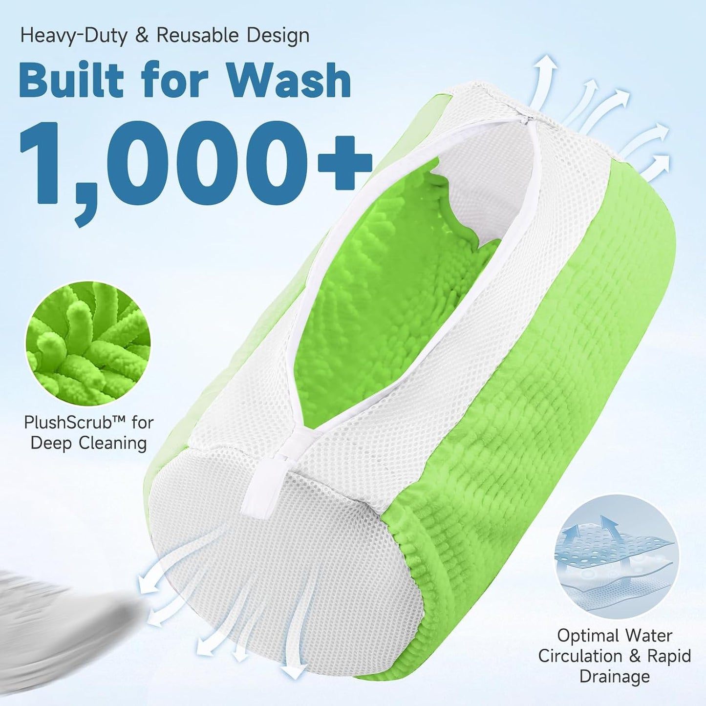 2PCS XXL Shoe Washing Machine Bag with Adjustable Shoes Trees - Heavy Duty Reusable Shoe Laundry Bag for Washer and Dryer - 360° Deep Clean & Protect Chenille Microfiber Sneakers Wash Bags - White