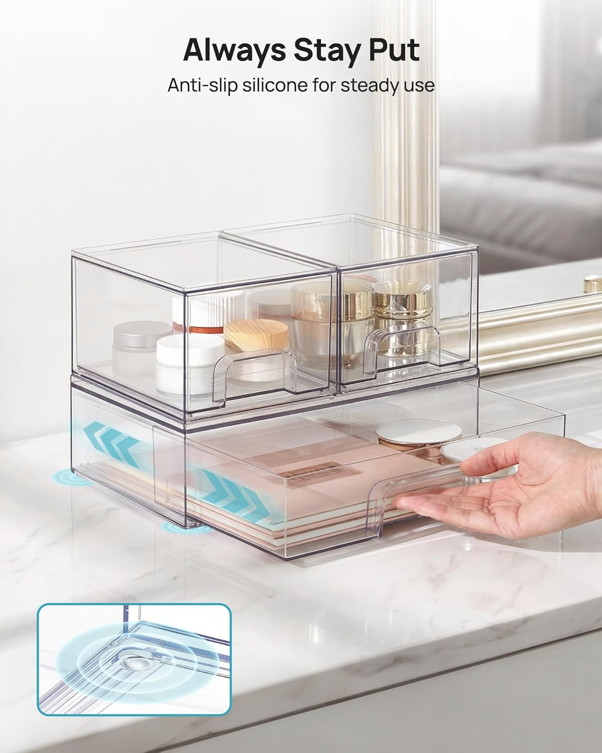 Vtopmart Clear Stackable Storage Drawers Set of 6, Plastic Organizer Bins | Multi-purpose Boxes for Bathroom Accessories Storage, Ideal for Cabinet, Shelf, Pantry, Laundry Room Organization