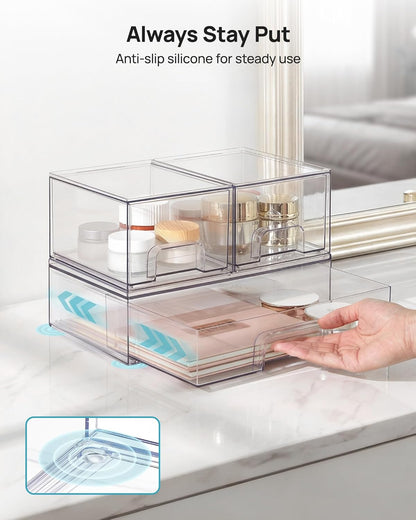Vtopmart Clear Stackable Storage Drawers Set of 6, Plastic Organizer Bins | Multi-purpose Boxes for Bathroom Accessories Storage, Ideal for Cabinet, Shelf, Pantry, Laundry Room Organization