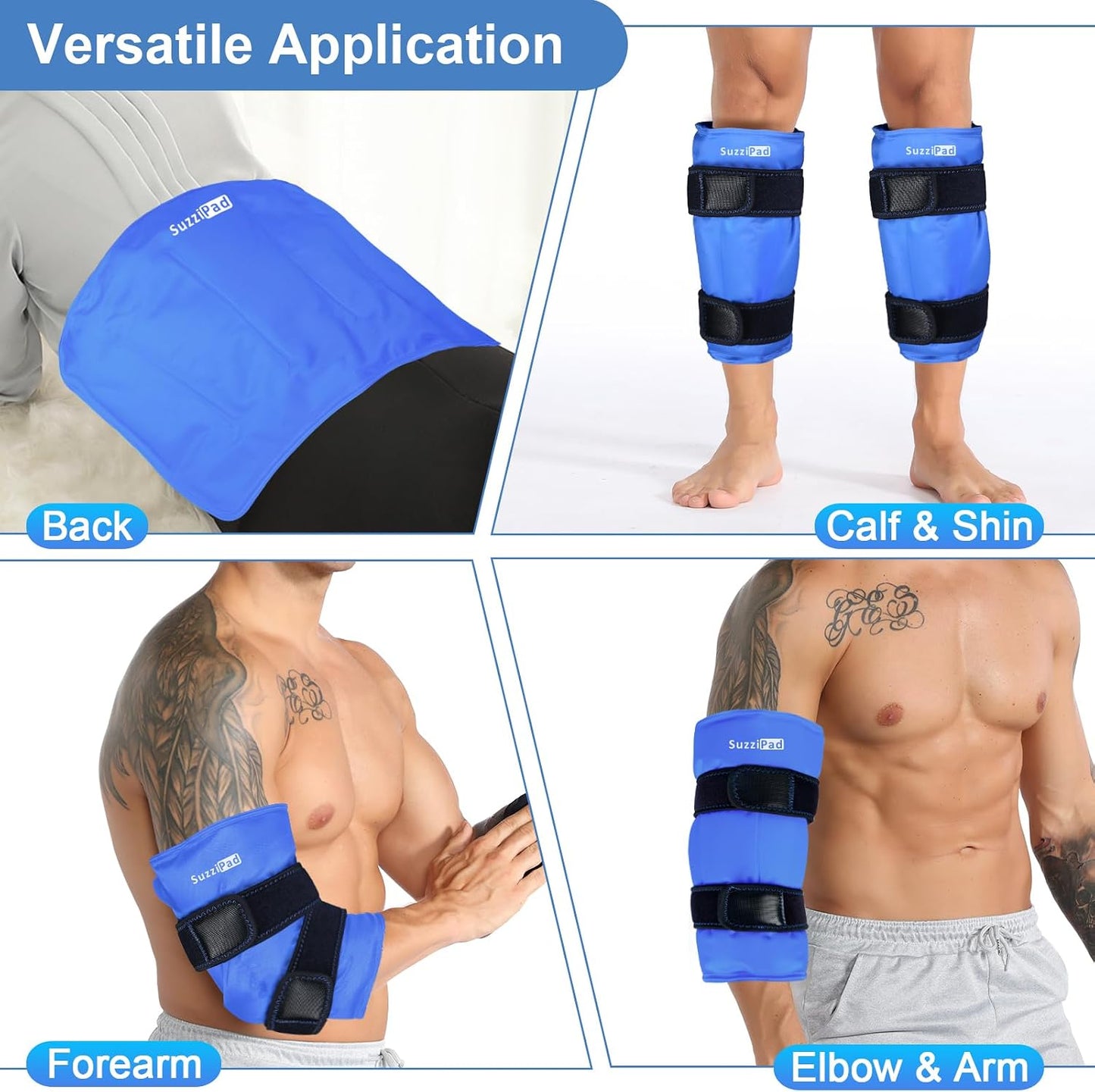 SuzziPad 360° Cold Pack for Calf, Shin, Arm & Elbow – Ice Wrap with Dual-Cover Design, Adjustable Velcro Straps, Leakproof & Reusable Cold Compress for Post-Workout Recovery (2 Packs), Black | Dual-Cover, Adjustable Straps, Leakproof Cold Compress for