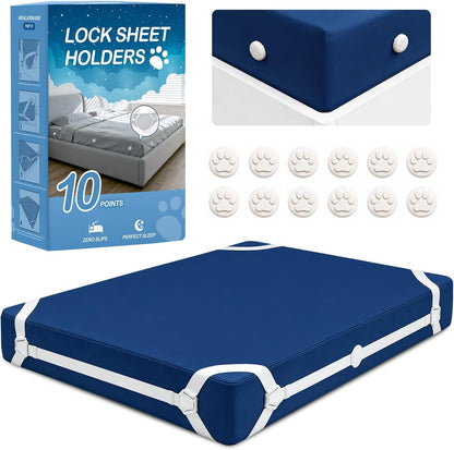 Bed Sheet Holders for Corners: 10 Clips with Side-Edge Locks (Not Just 4 Corners), One-Piece Bed Sheet Straps, No Metal & Anti-Slip, Heavy Duty Fitted Sheet Holder (Twin＆Full Style: 5-8in)